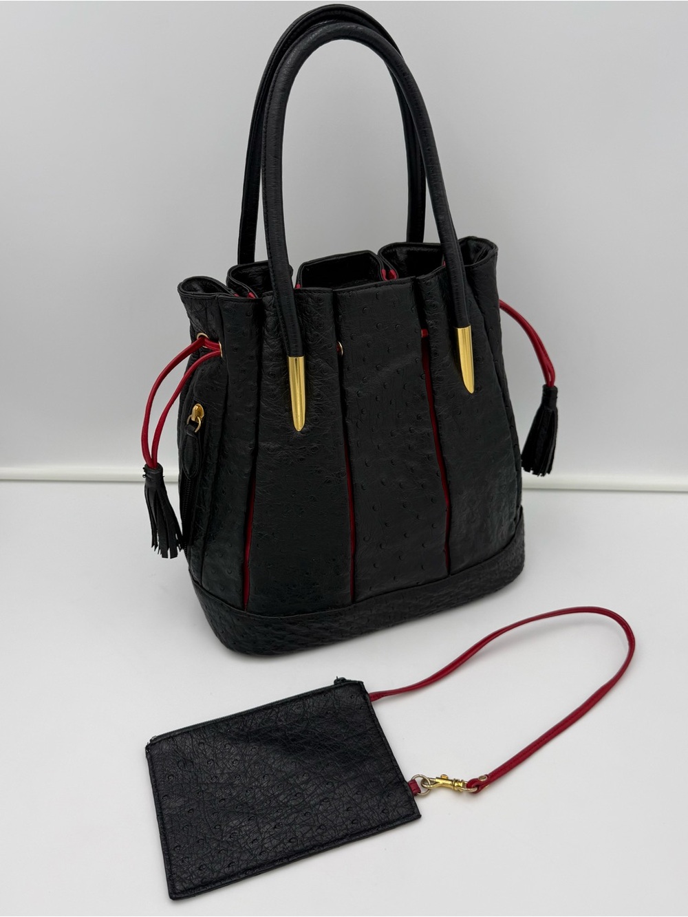 SANPŌ • Black & Red Exotic Genuine OSTRICH Bucket Bag w/ Pouch • Made in JAPAN - Picture 2 of 16